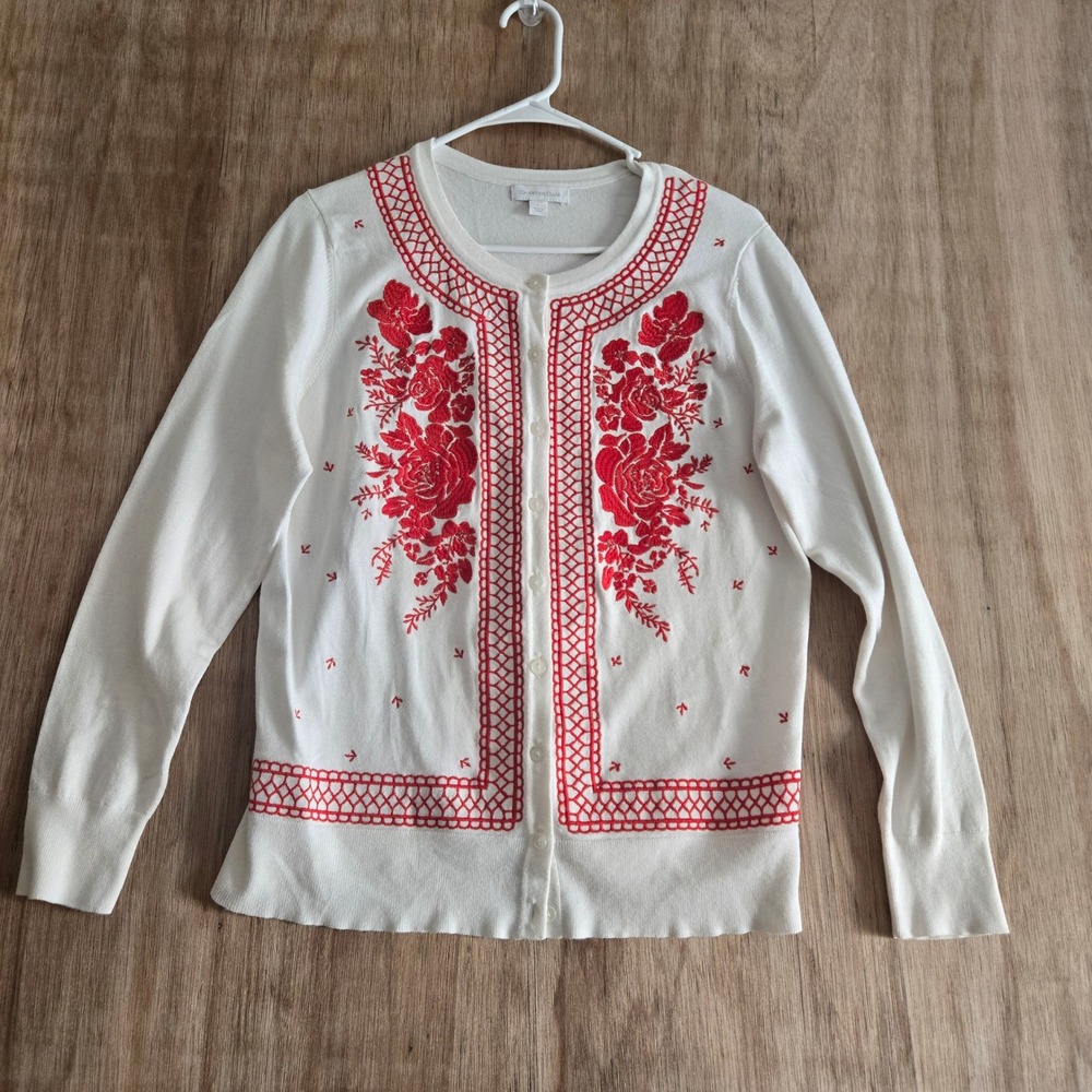 Charter Club Womens White Red Floral Embroidered Button Up Cardigan Sweater L